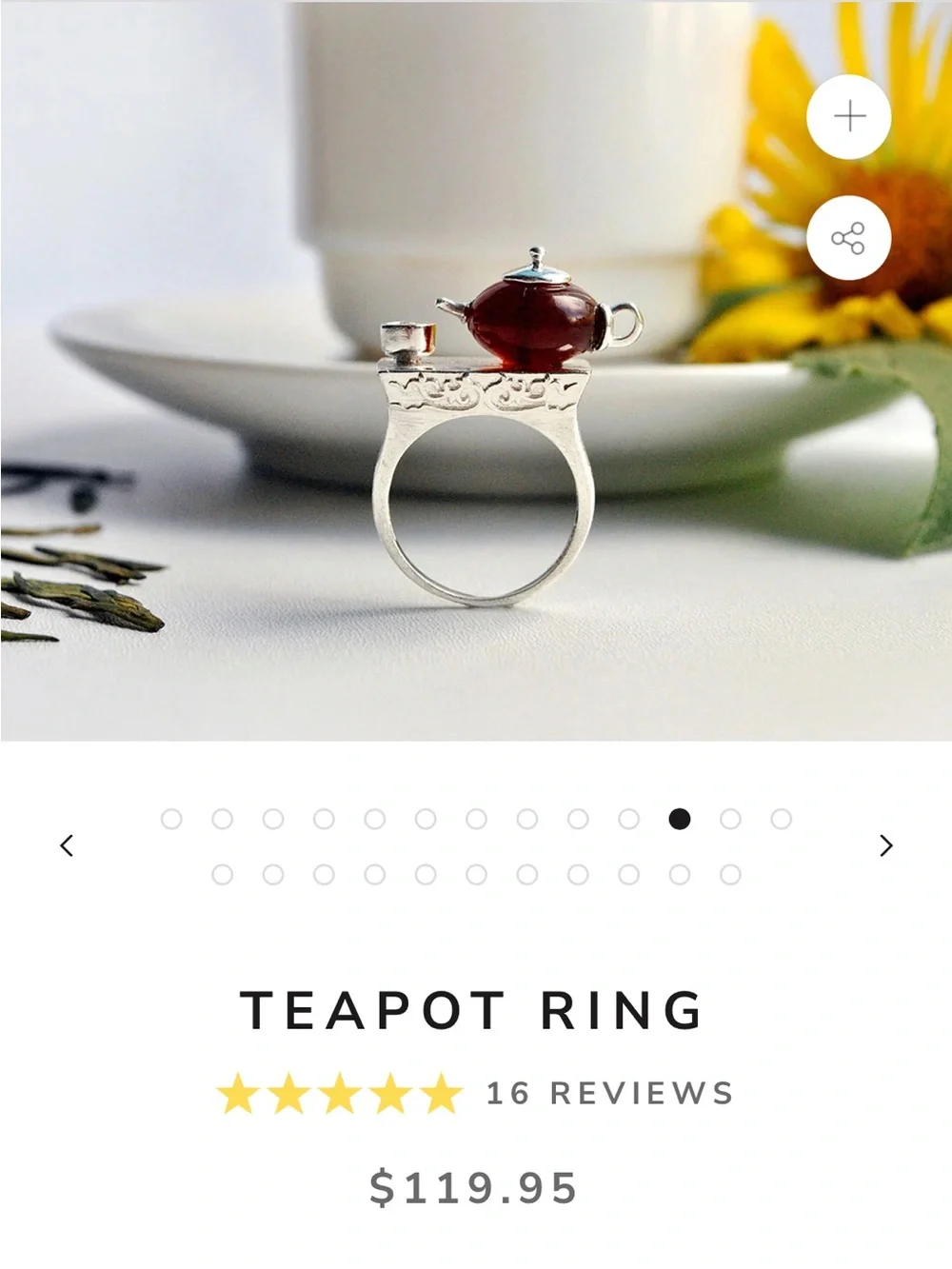 Lotus Fun Artisan 925 Silver Amber Teapot Ring 7.5 & Pendant Set